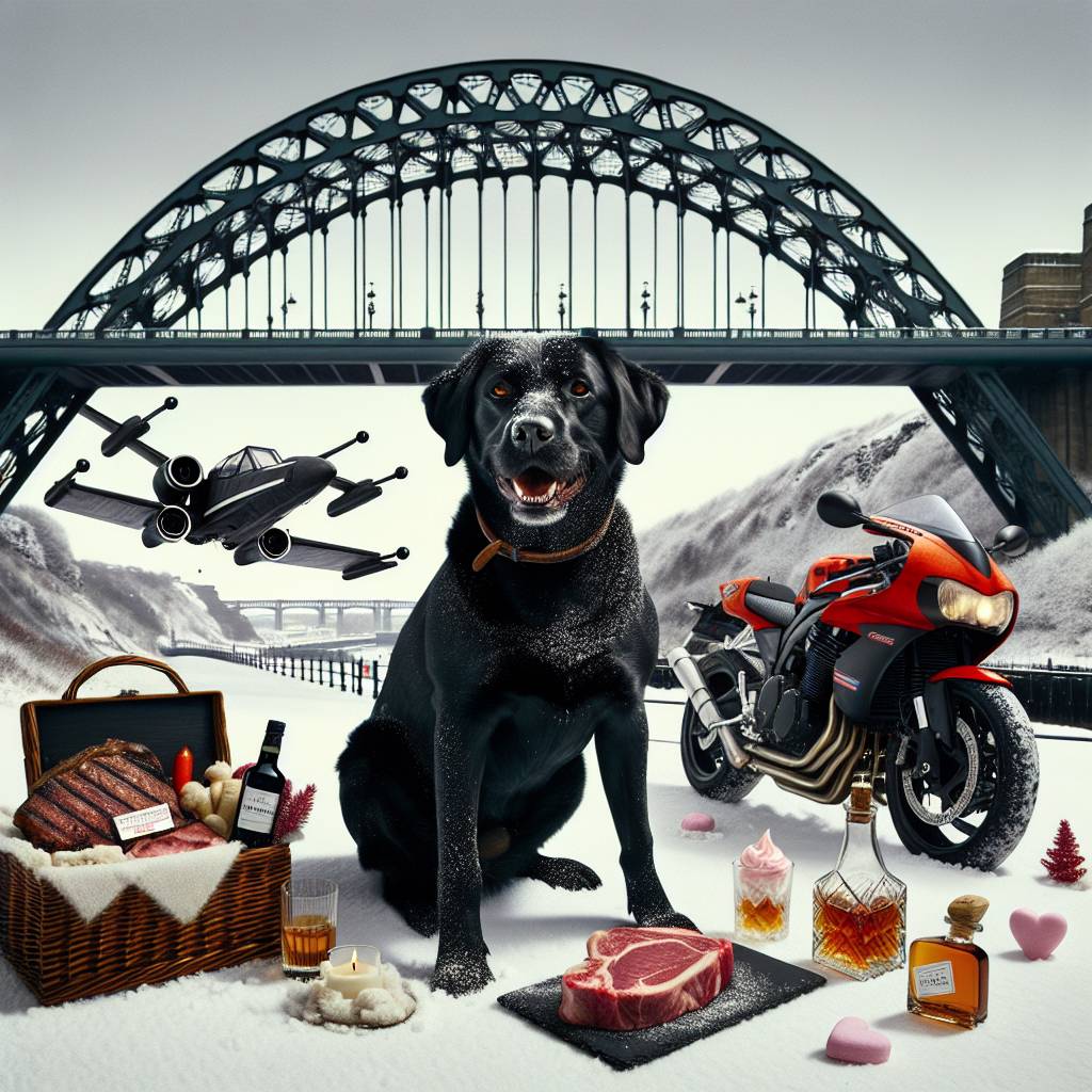 2) Valentines-day AI Generated Card - Black Labrador riding sports motorbike, Tyne bridge, X wing, Whiskey, Heart shaped steak, Vanilla ice cream, and Snow (a6816)