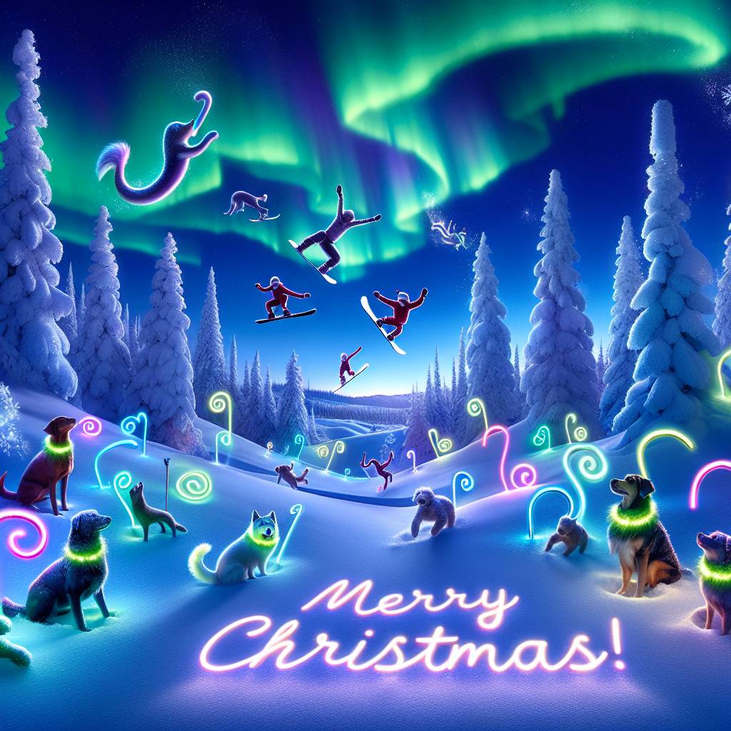 3) Christmas AI Generated Card - Winter wonderland, Lights, Dogs, Snakes, and Snowboarding (8b599)