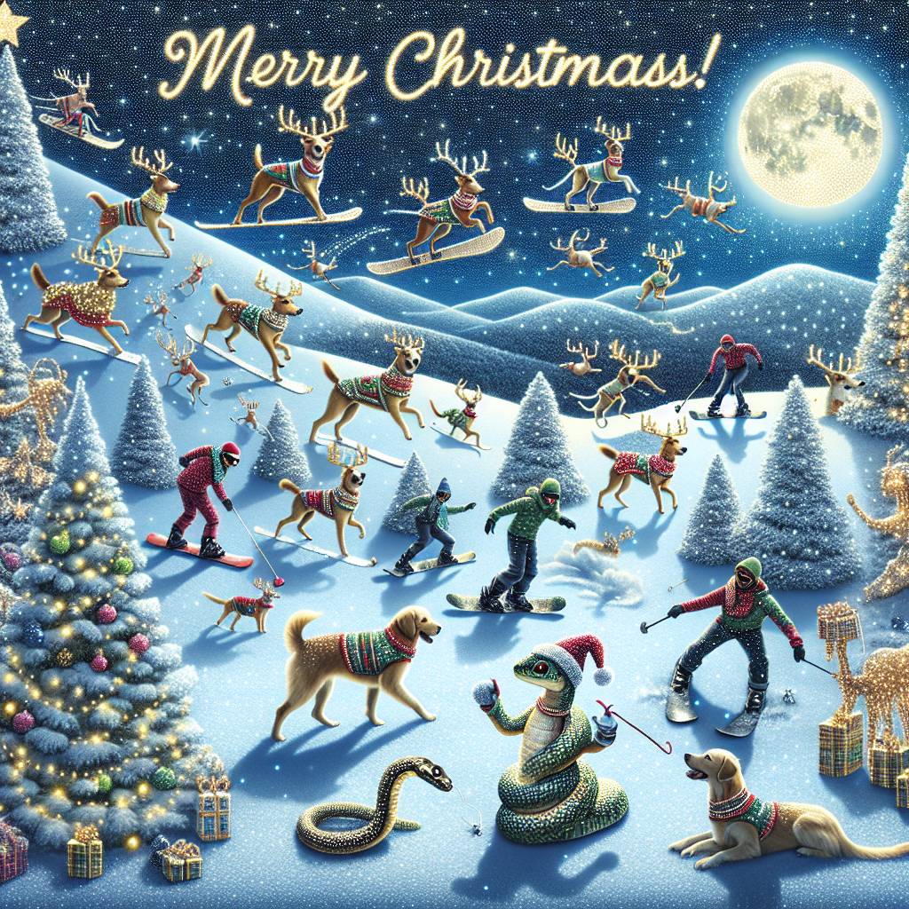 4) Christmas AI Generated Card - Winter wonderland, Lights, Dogs, Snakes, and Snowboarding (62d33)