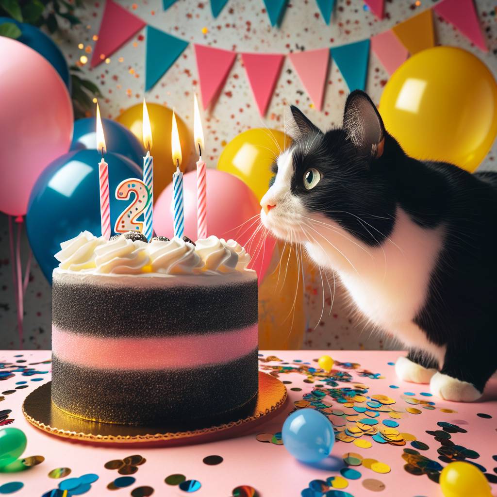 3) Birthday AI Generated Card - Tuxedo cat, 2 years old , and Cake
