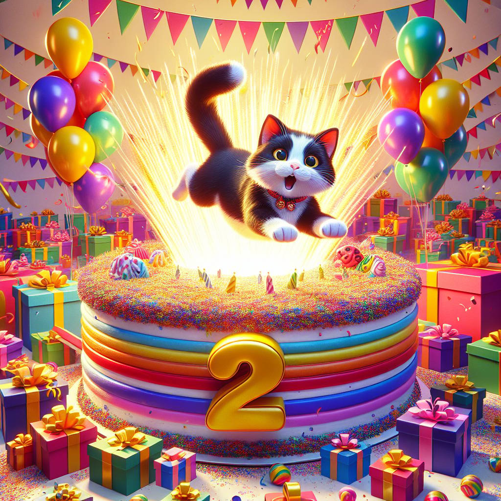 1) Birthday AI Generated Card - Tuxedo cat, 2 years old , and Cake