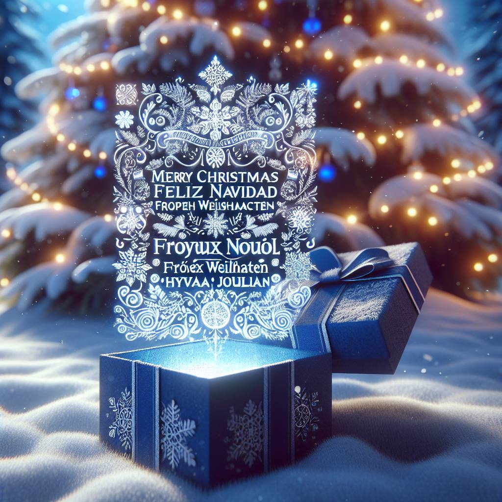 2) Christmas AI Generated Card - Cute present with phrases coming out of it please use each of these next phrases once - Merry christmas,Feliz Navidad, joyeux Noël, Frohe Weihnachten,圣诞节快乐, Hyvää Joulua,メリークリスマス, Colours purple and blue, Giving the gift of AI translation for , and Christmas tree in the background and snowy (caa84)