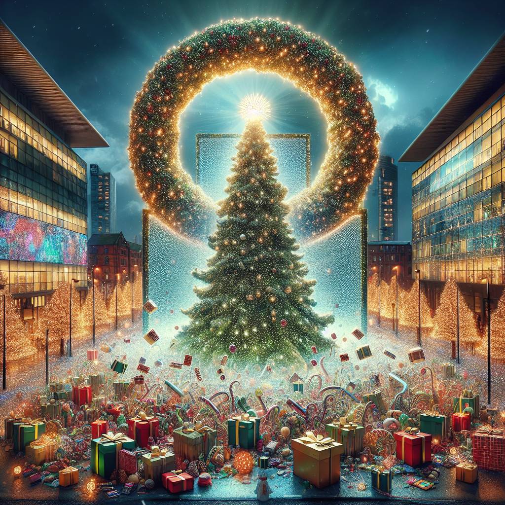 3) Christmas AI Generated Card - Christmas wreath with a big blank sign in the middle, Christmas tree with lights, Manchester, Media city, Presents, and Christmas crackers (e938a)