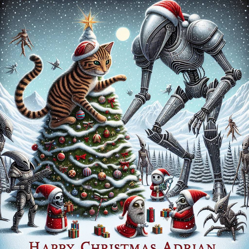 1) Christmas AI Generated Card - Warhammer, Necrons, Tyranid , Imperial knight, and Tabby cat (f0a3a)