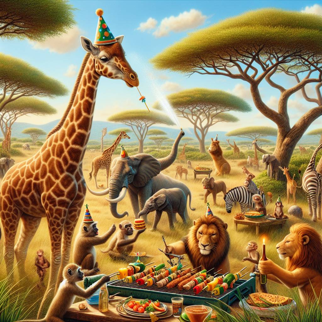 1) Birthday AI Generated Card -   A humorous and lifelike birthday scene unfolds on the savannah, where a group of animals has set up a safari picnic in honor of the birthday. A giraffe wears a party hat awkwardly on its long neck, while a lion in sunglasses grills veggie skewers. Cheeky monkeys serve fruit, and an elephant joins the party, playfully spurting water to keep everyone cool. Use a realistic art style (8c86f)