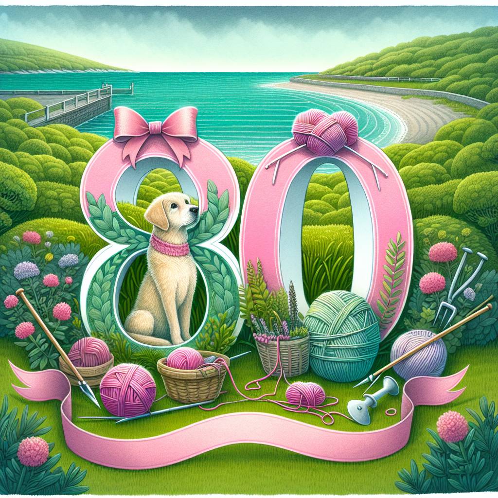 2) Birthday AI Generated Card - 80, Gardening, Sea, Puppy, Knitting, and Pink (f239e)