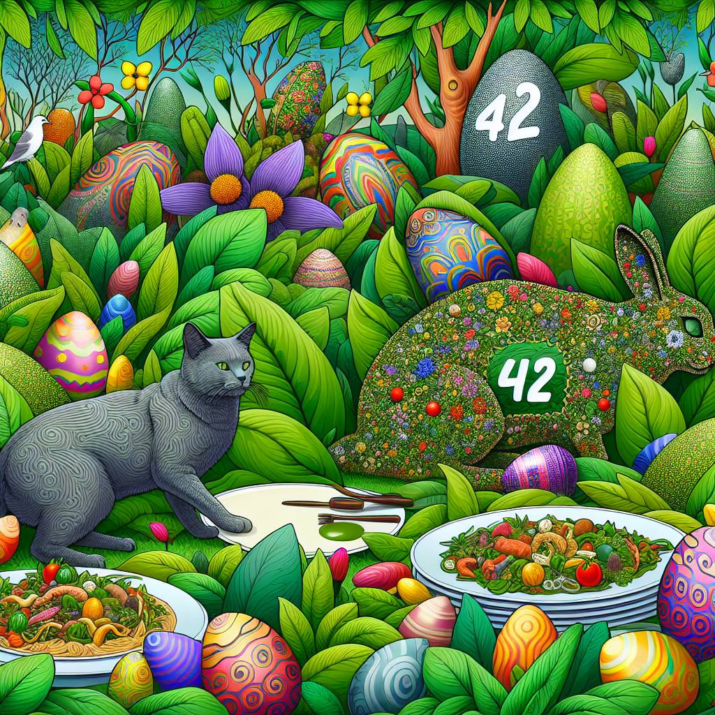 1) Easter AI Generated Card - Grey cats, Green plants, India, Vegetarian, and 42 (11a1e)