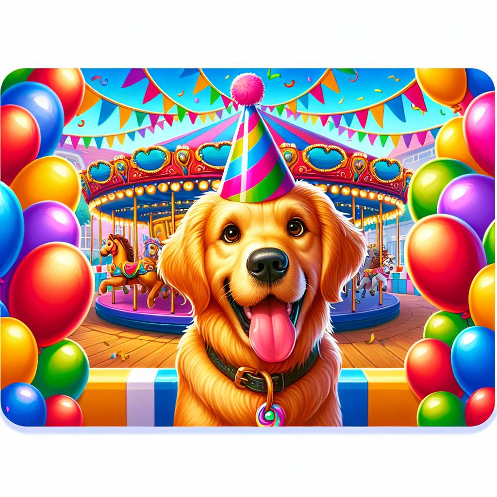 1) Birthday AI Generated Card - Golden retriever dog at a theme park  (76e39)