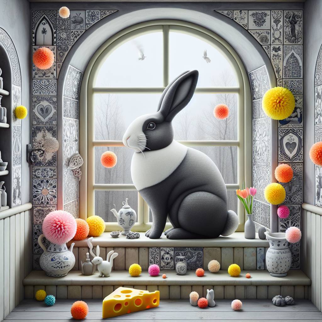 2) Thank-you AI Generated Card - Black and white Dutch rabbit, Colourful pom poms , Bathroom tiles, Arch window, Cheese, and Herbs (d211c)