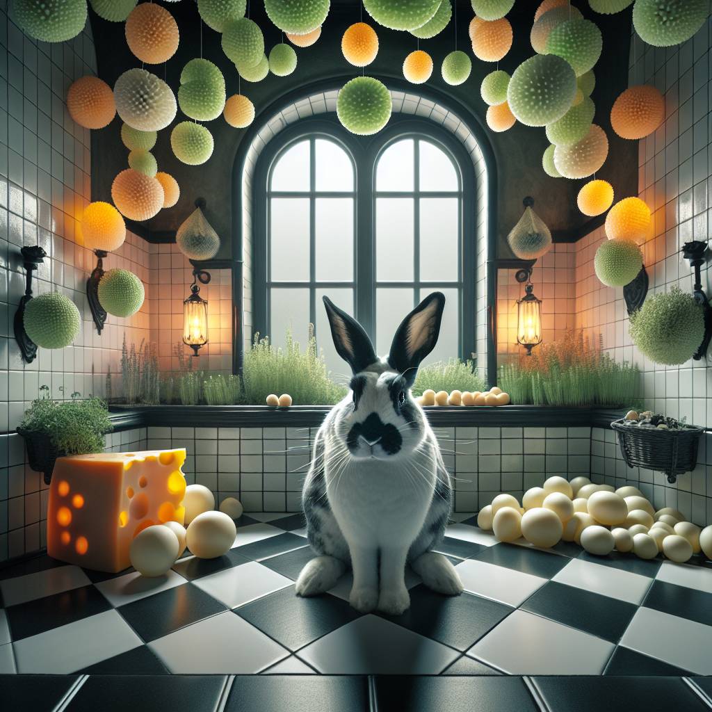 1) Thank-you AI Generated Card - Black and white Dutch rabbit, Colourful pom poms , Bathroom tiles, Arch window, Cheese, and Herbs (5a69e)