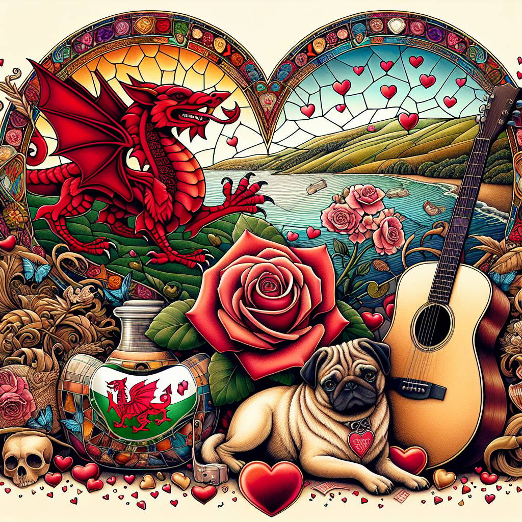 2) Anniversary AI Generated Card - Welsh dragon , Wales , Red dragon , Lancashire rose , Stained glass , Guitar , Music , Pug , Heart , and Love  (88e1e)