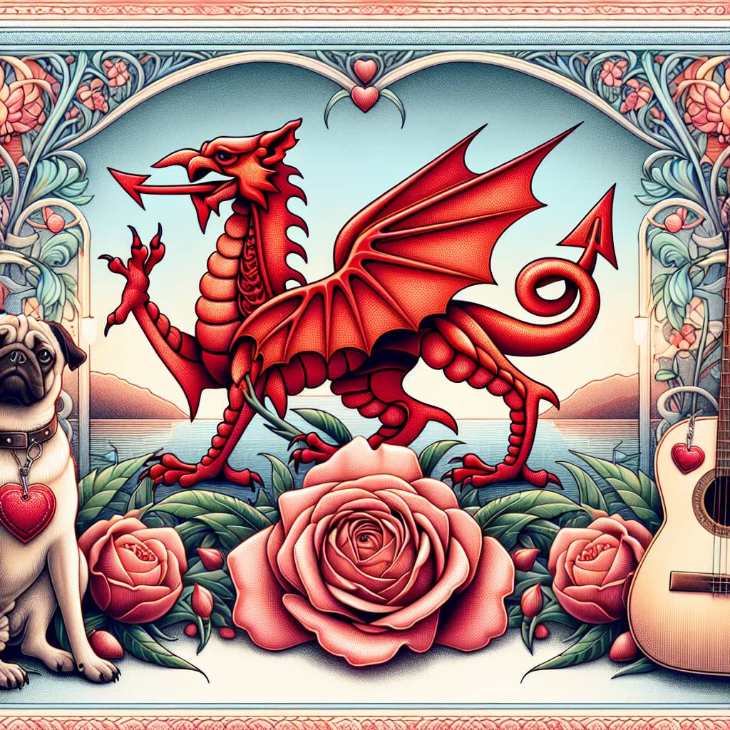 1) Anniversary AI Generated Card - Welsh dragon , Wales , Red dragon , Lancashire rose , Stained glass , Guitar , Music , Pug , Heart , and Love  (f1d75)