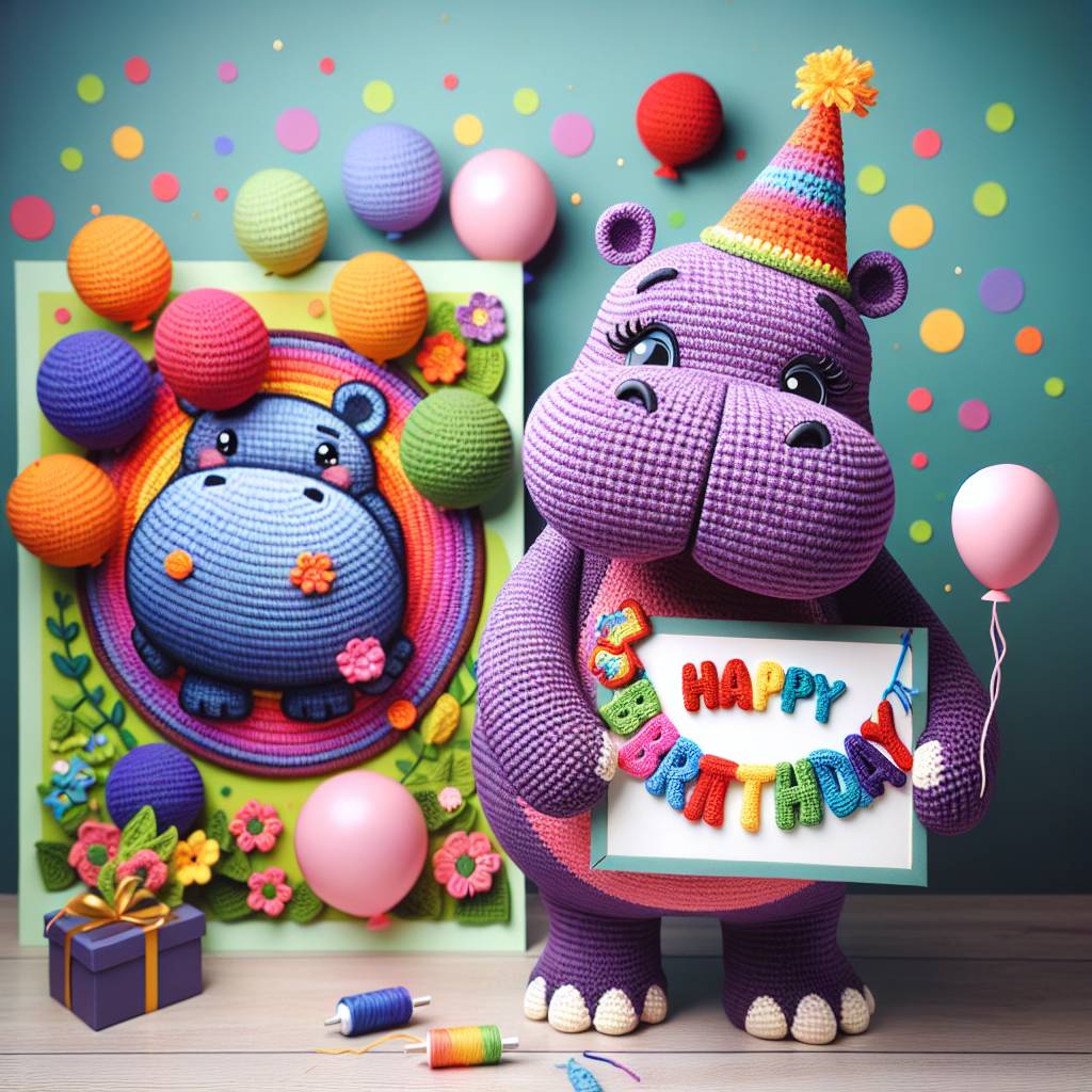 1) Birthday AI Generated Card - Purple, hippopotamus, crochet,  (fb174)