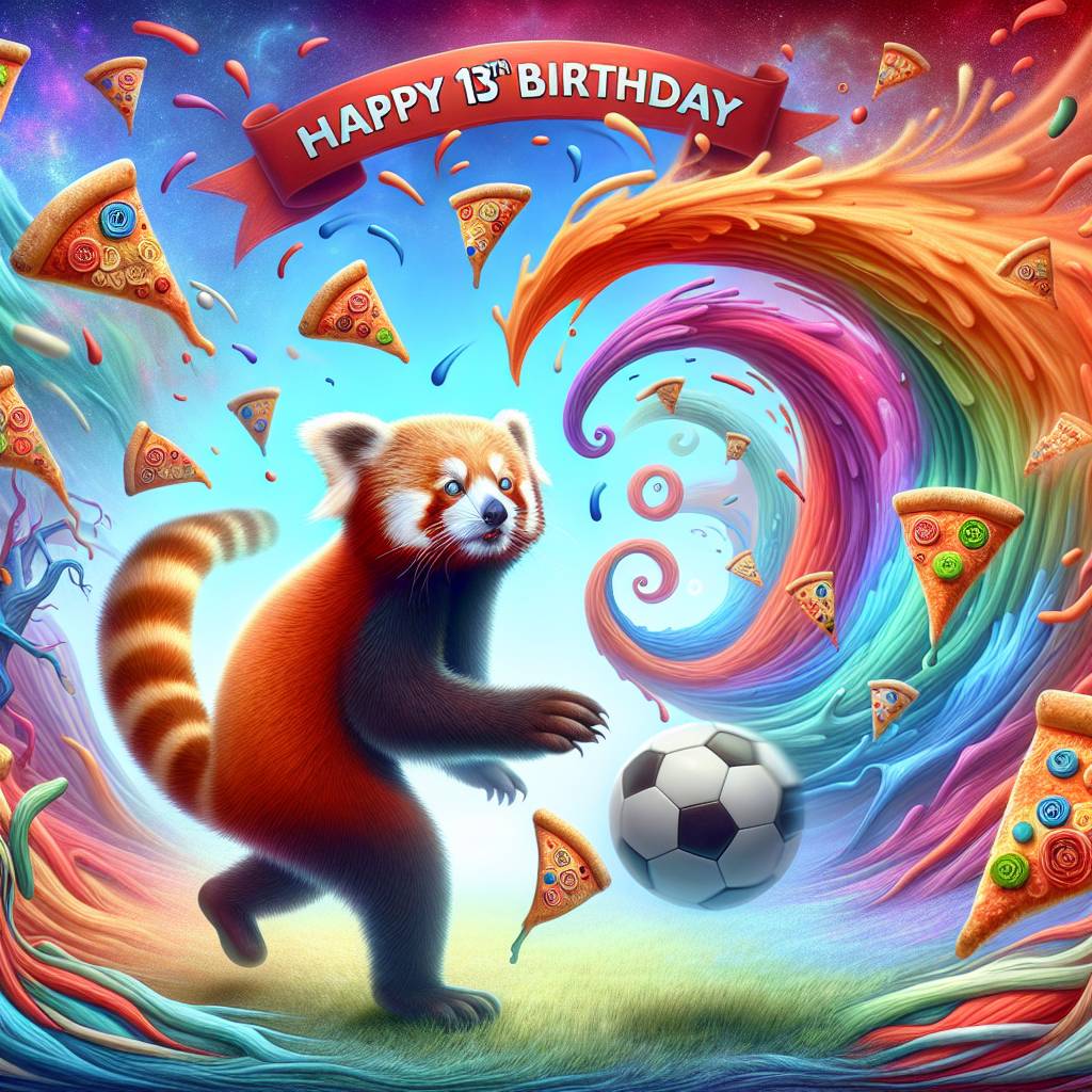 2) Birthday AI Generated Card - Red Panda playing Napoli soccer, Napoli soccer, 13th birthday, Oscar, and Pizza  (1bf0f)