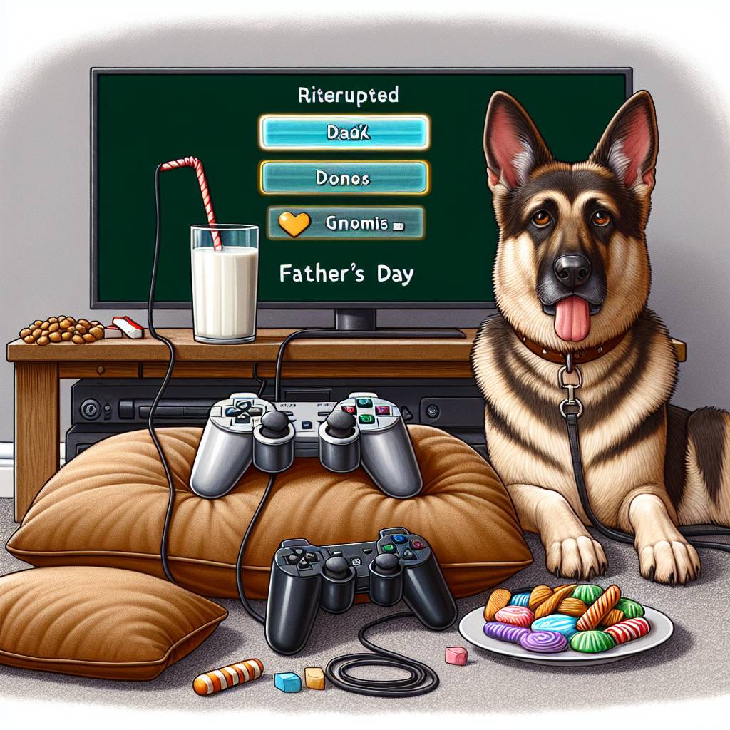 1) Fathers-day AI Generated Card - Fortnite game, PlayStation , German shepherd , Milk, and Sweets (88fe9)