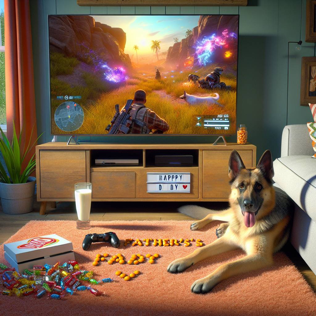 2) Fathers-day AI Generated Card - Fortnite game, PlayStation , German shepherd , Milk, and Sweets (a21a4)