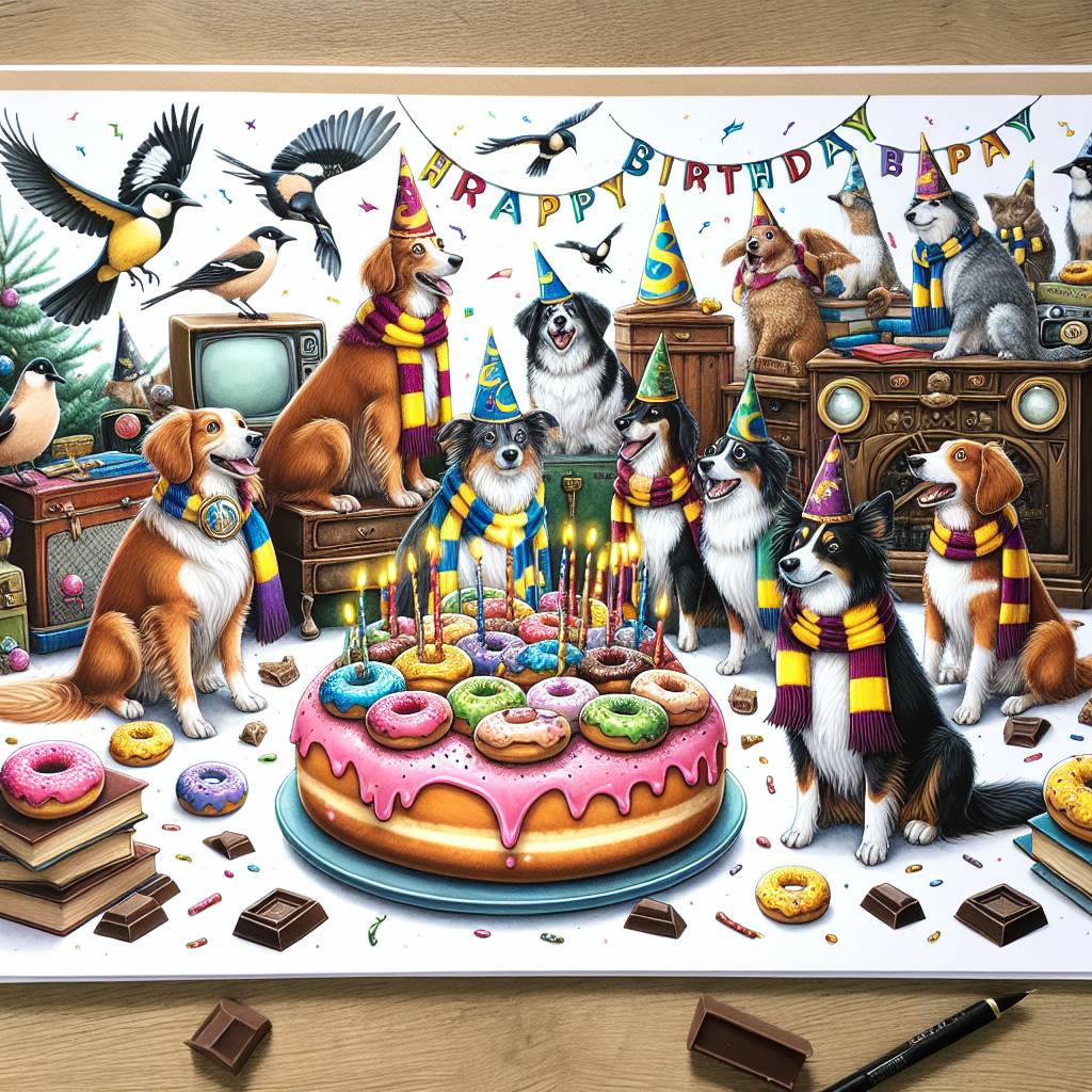 1) Birthday AI Generated Card - Harry Potter, dogs, donuts, birds, magpy, tv, chocolate (f7a21)