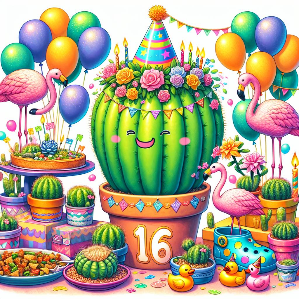 1) Birthday AI Generated Card - Cactus, Rubber ducks, Flamingo, 16, Fajitas, and Crocs (15226)