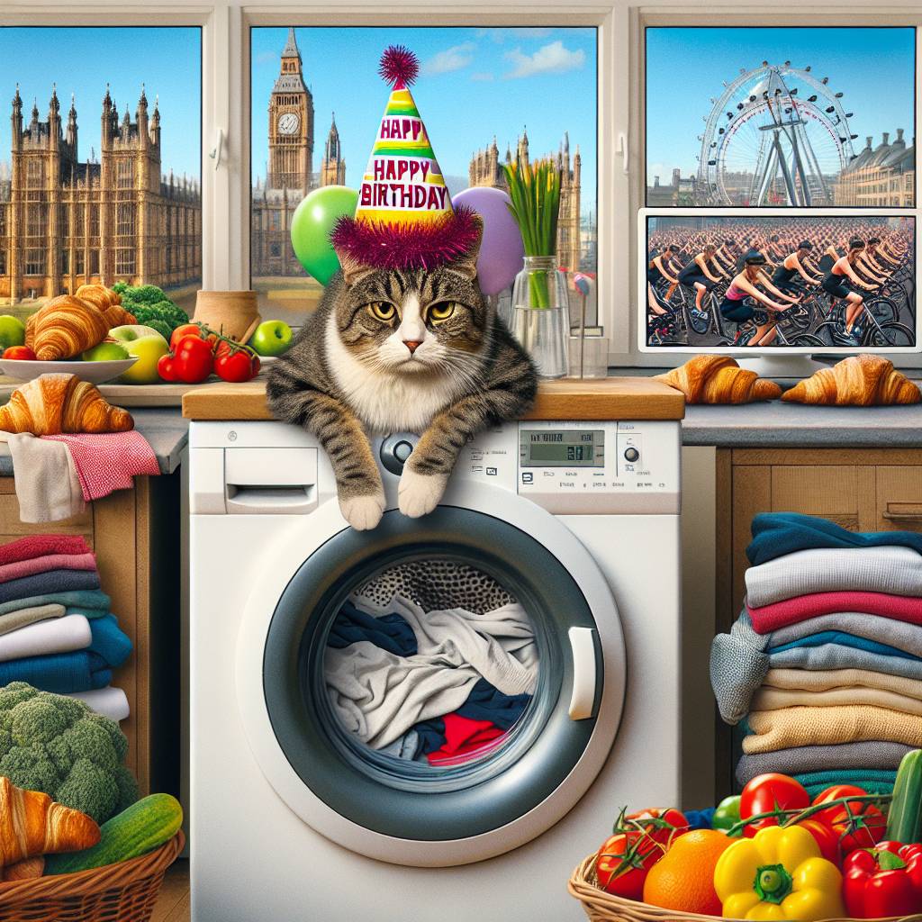 1) Birthday AI Generated Card - Our grumpy cat called Oscar , Spin classes, Doing laundry, Vegetables , Croissants , and London (2a0e4)