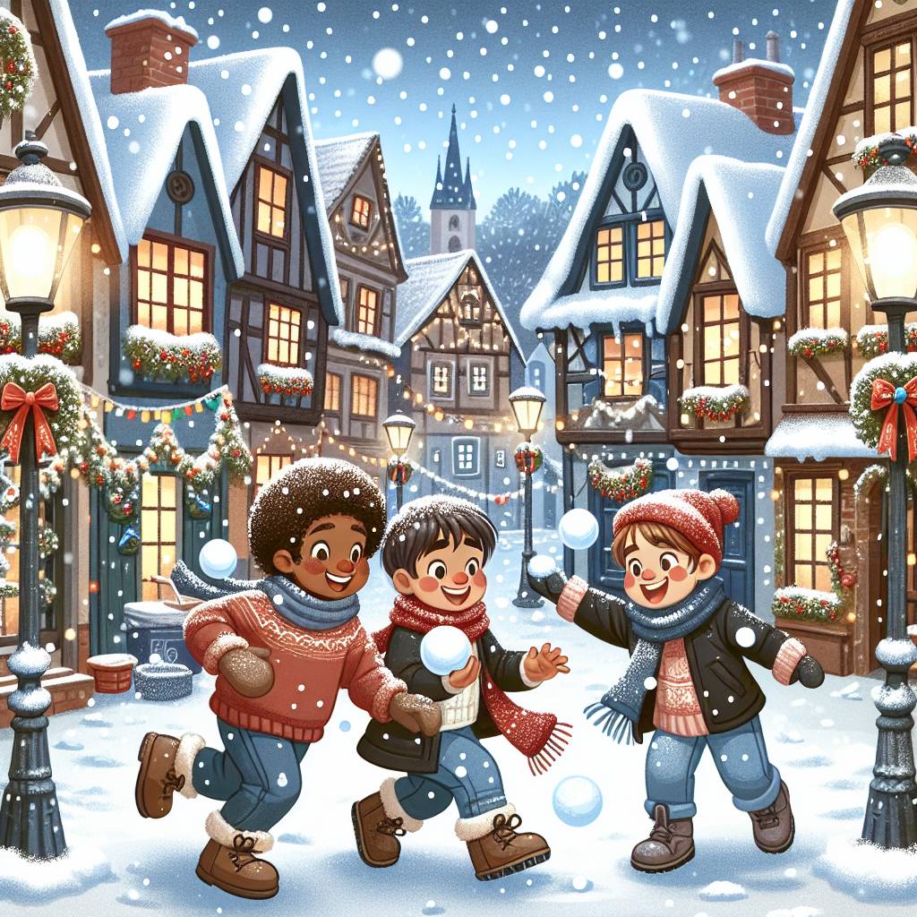 1) Christmas AI Generated Card - 3 white boys with dark hair, Marnate (italy), and Snow