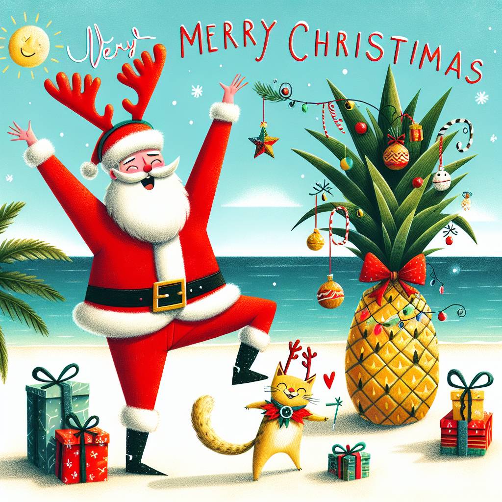 1) Christmas AI Generated Card - Santa, Cat, Pineapple, Sea, and Dance (73480)