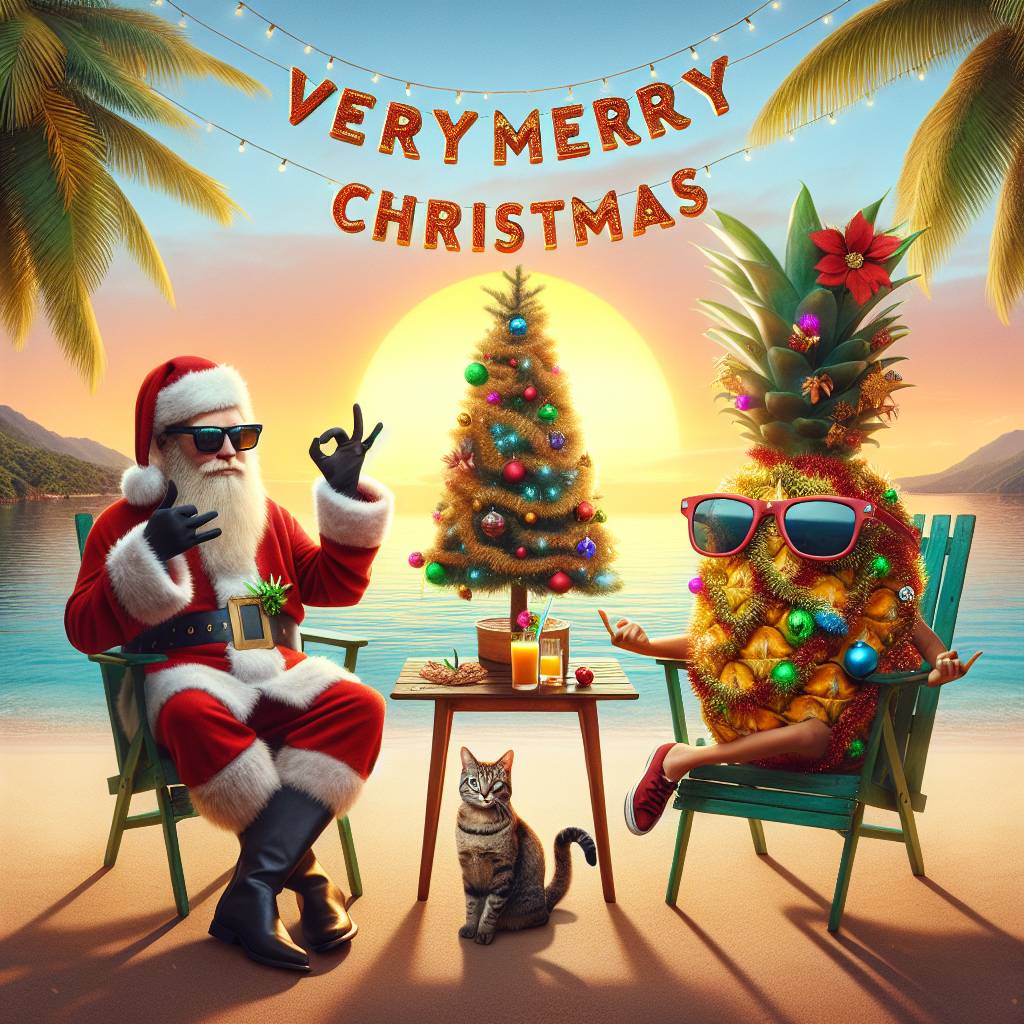 2) Christmas AI Generated Card - Santa, Cat, Pineapple, Sea, and Dance (e2b17)