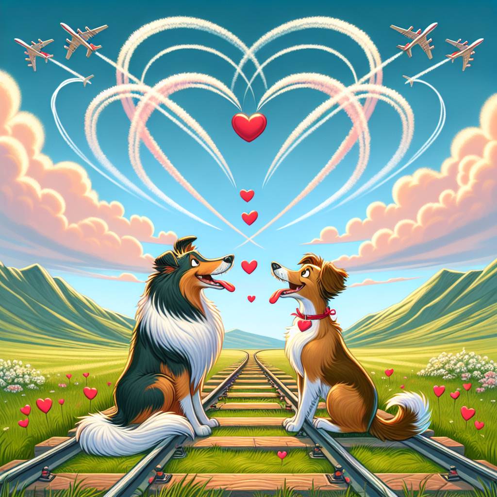 1) Valentines-day AI Generated Card - Trains, Planes, Collie dog, and Spaniel (e3138)