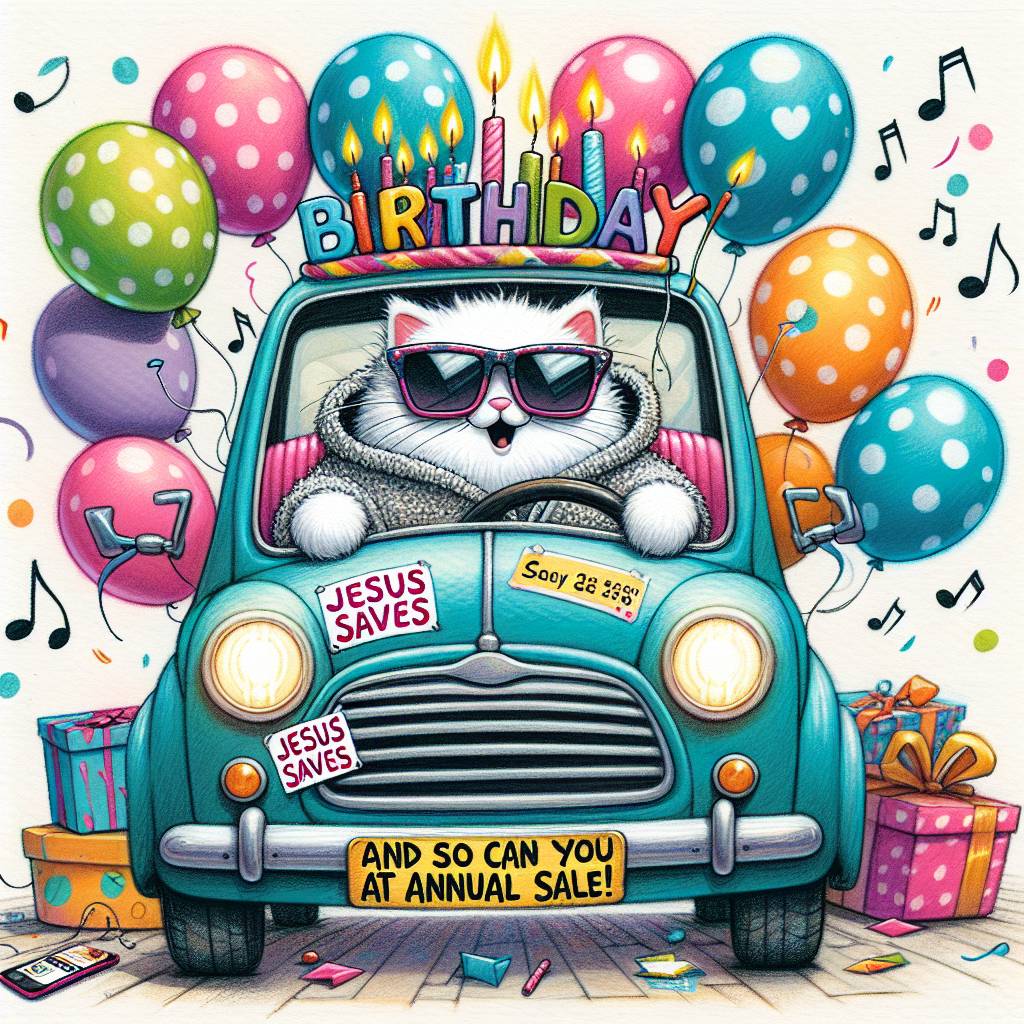 1) Birthday AI Generated Card - Driving, White fluffy cat, Phone, Parties, Sleeping, Fashion, Taylor swift, Music, Jesus, Cake, Sunglasses, Cars, Bed, and Hoodies (59b38)