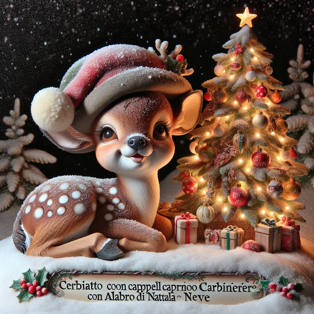 3) Christmas AI Generated Card - cerbiatto con cappello carabiniere con albero di natale neve (d26ec)