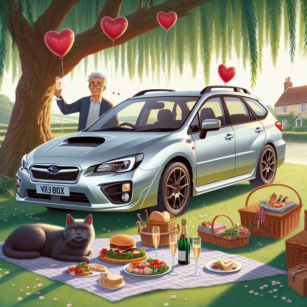 1) Valentines-day AI Generated Card - Light silver subaru impreza wagon, English countryside, Friendly black cat, English picnic, and Bob mortimer (4a733)