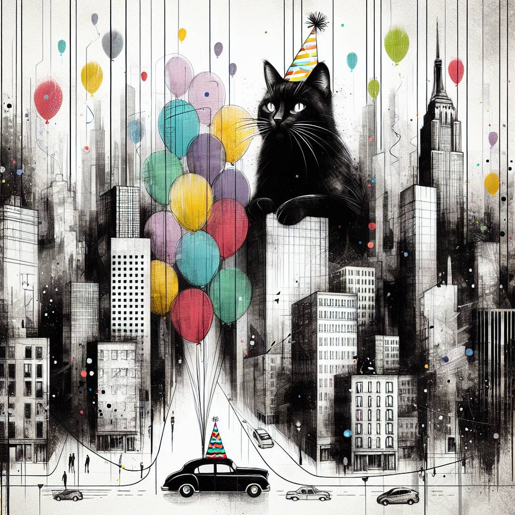 1) Birthday AI Generated Card - Black & white and dark tabby cat in New York (998d7)