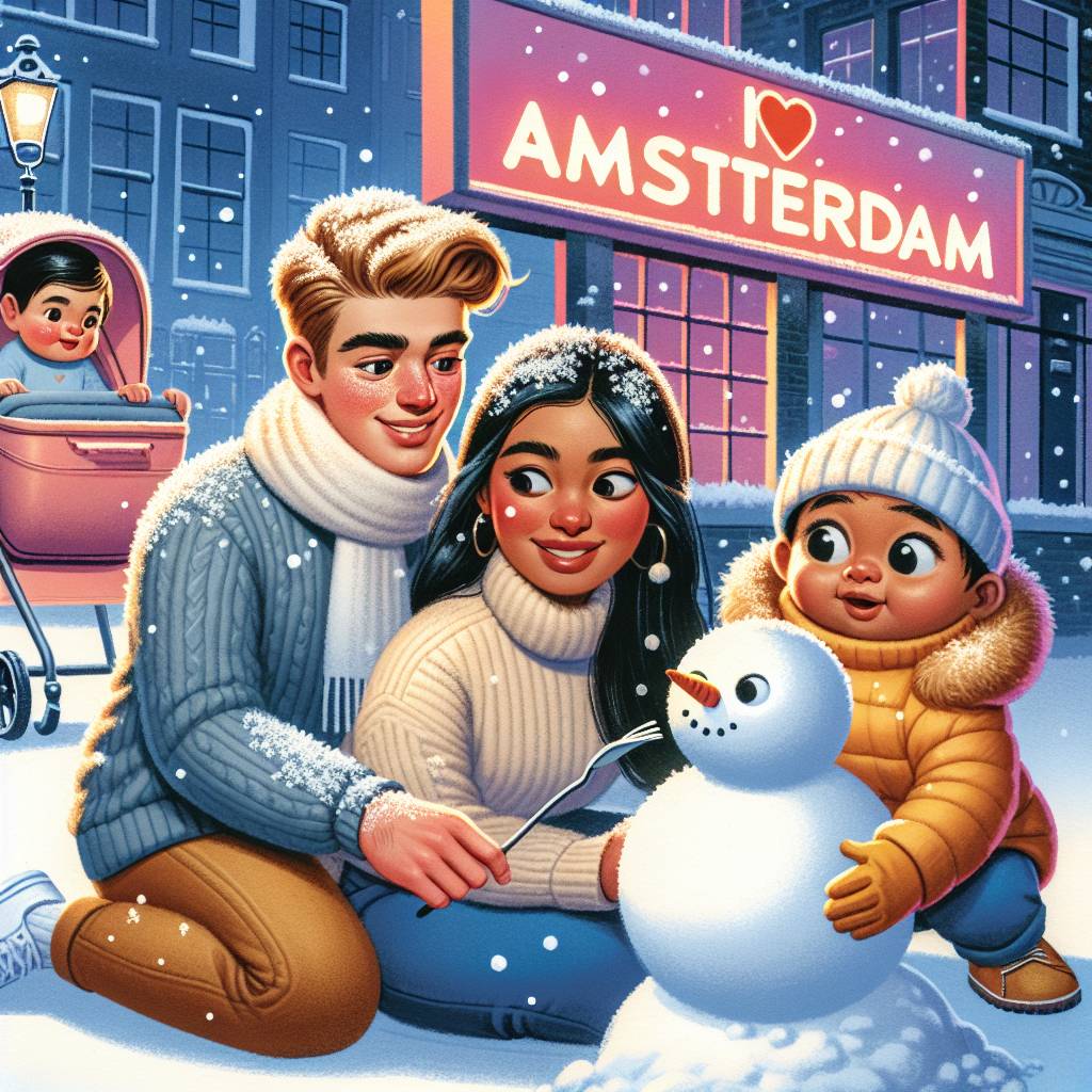 3) Christmas AI Generated Card - 2 female friends white skin brown hair, Amsterdam, and 9 month old baby boy