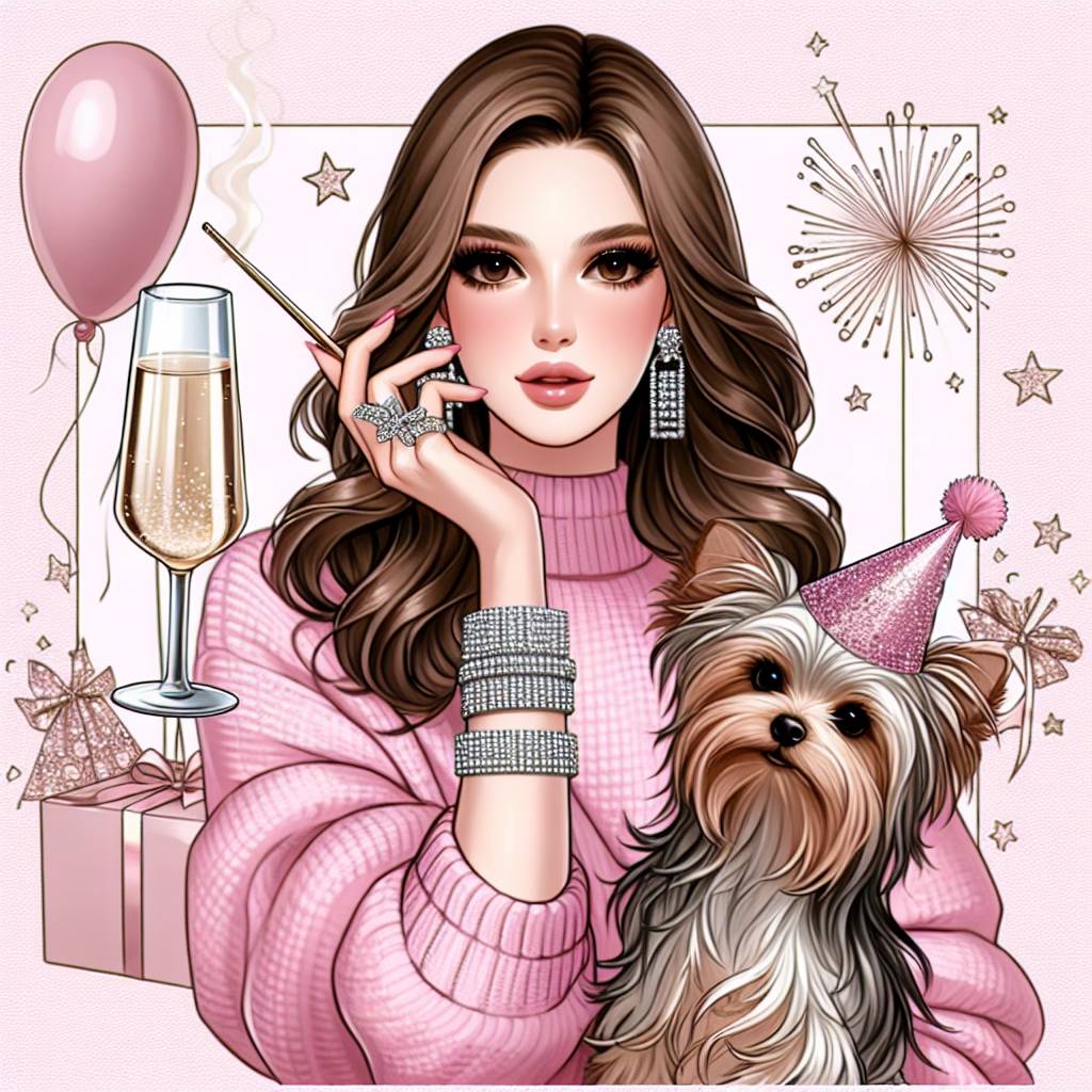 2) Birthday AI Generated Card - Lady with straight shoulder length brown hair , Pink jumper , Silver bracelet , Yorkshire terrier dog, and Glass of champagne  (6d7ee)