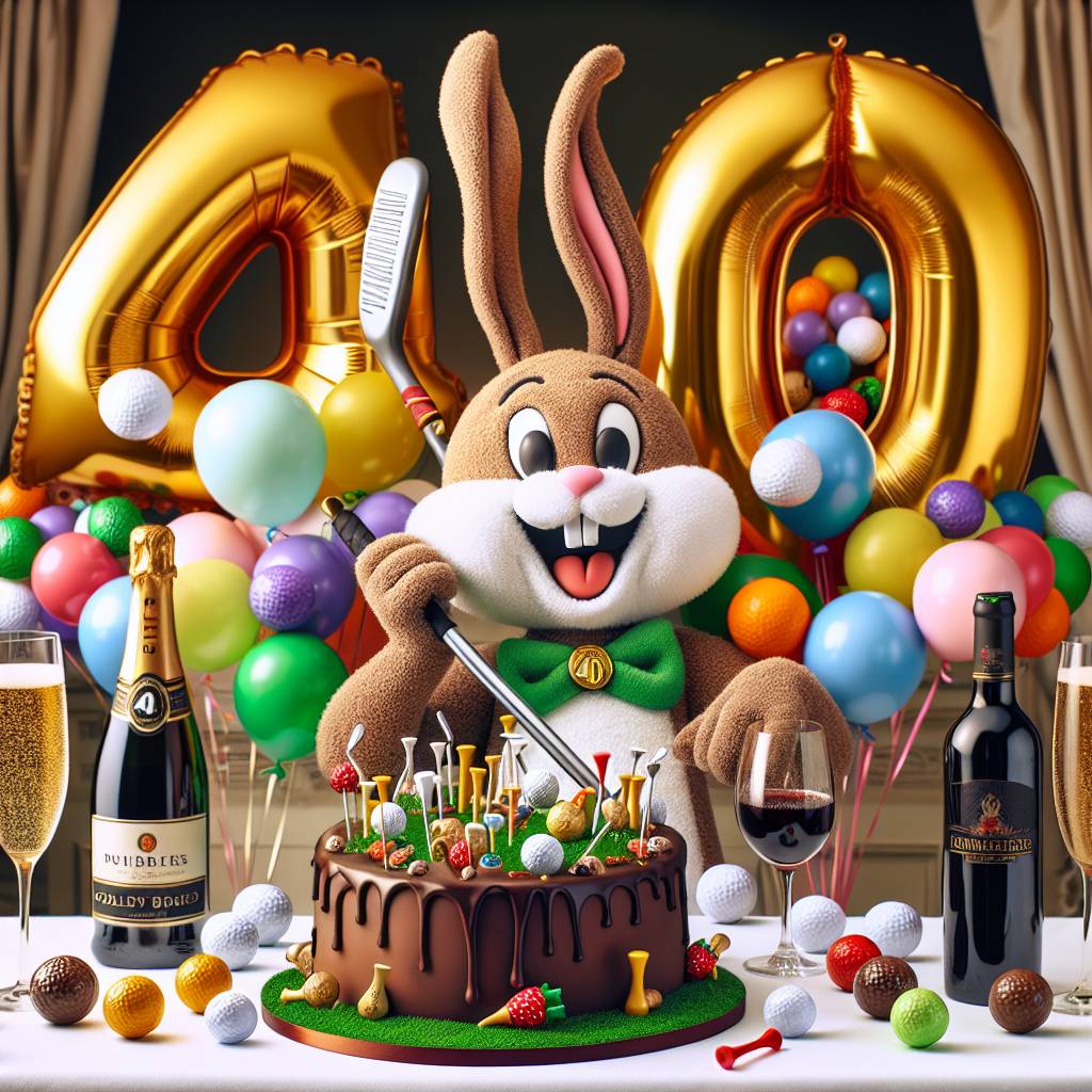 1) Birthday AI Generated Card - Golf, beer, bunny penny, chocolate,  red wine, number 40 (3e002)