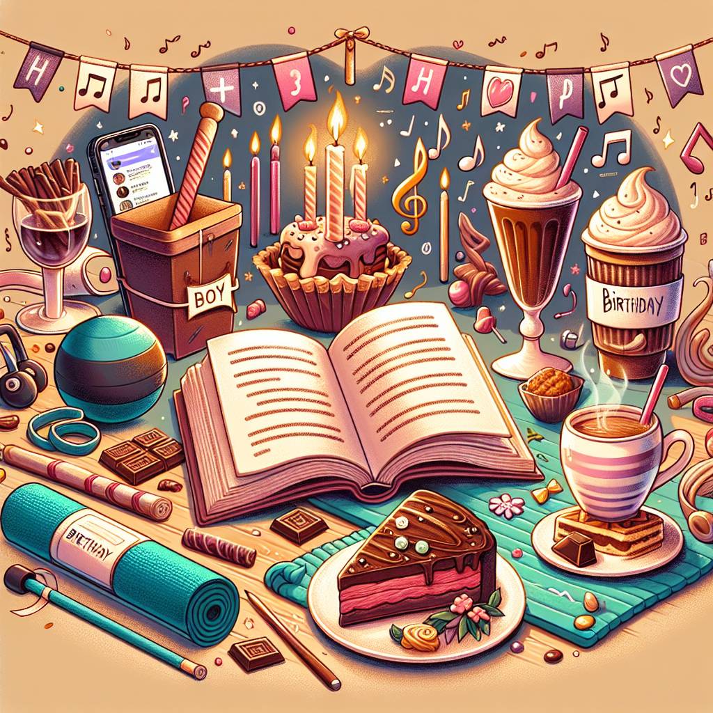 1) Birthday AI Generated Card - Books, Pilates, Meat, Chatting on phone, Chocolate , Movies, Milkshake, Tea, Being warm , and Music (a161d)