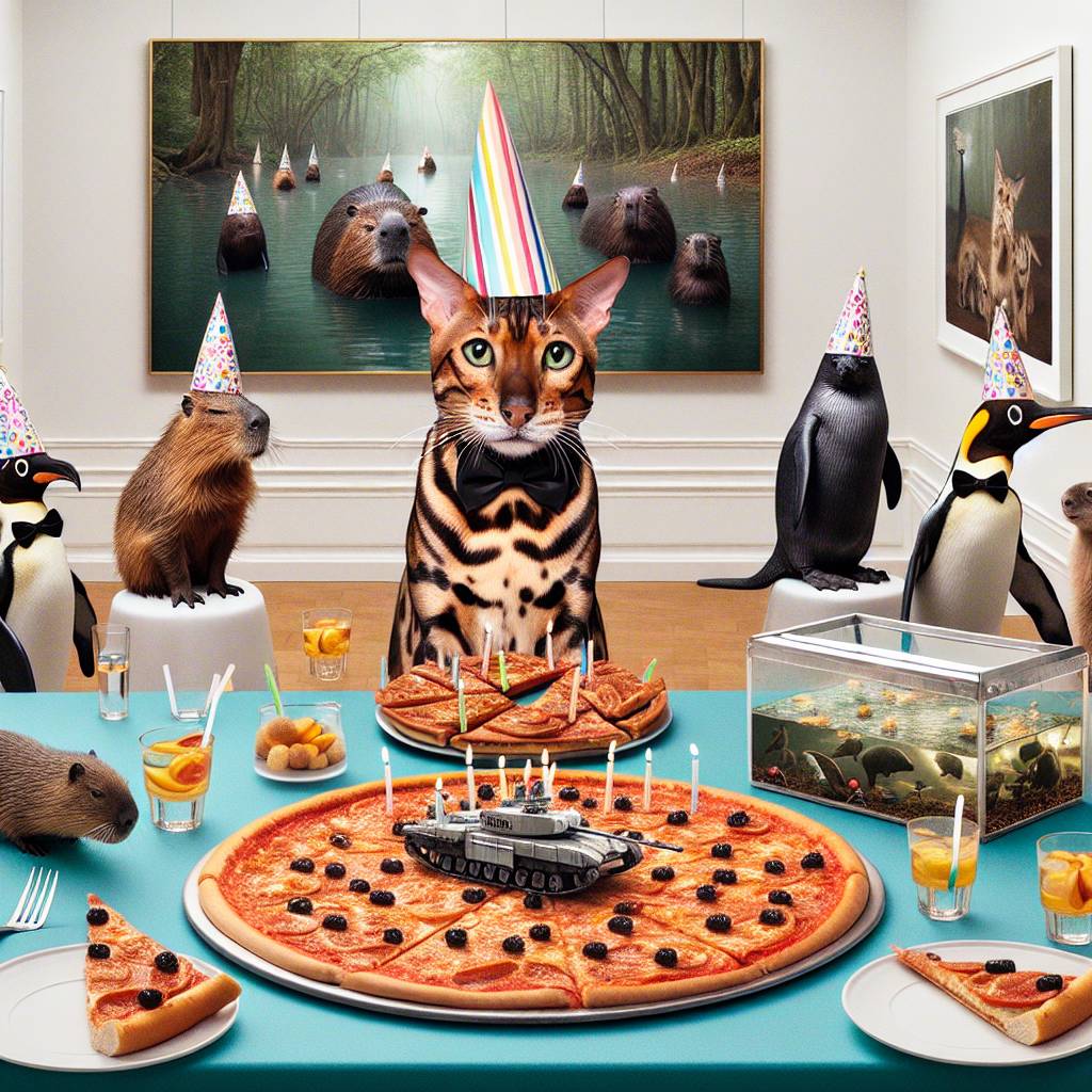 1) Birthday AI Generated Card - Bengal cat, Black cat, Pizza, Capybara, Penguin, and Tank (ccb18)