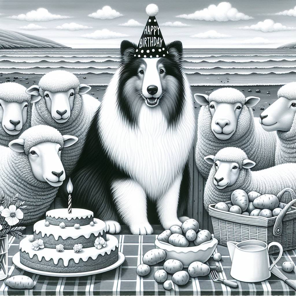 1) Birthday AI Generated Card - Black & white cat, Sheltie dog, Large white polar bear, Sheep, Potatoes & peas, and English seaside (e3c64)