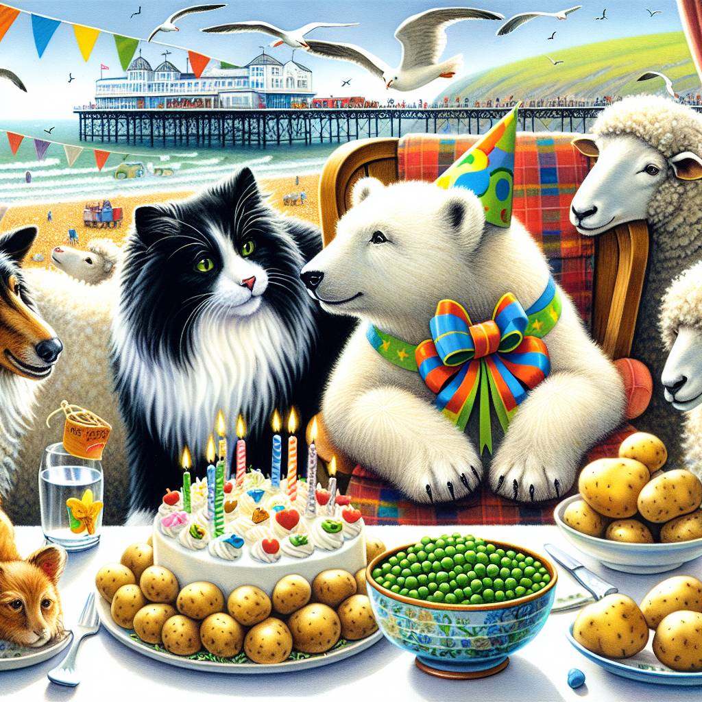 2) Birthday AI Generated Card - Black & white cat, Sheltie dog, Large white polar bear, Sheep, Potatoes & peas, and English seaside (f0f77)
