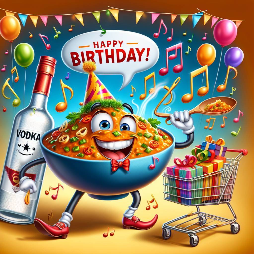 2) Birthday AI Generated Card - Indian curry, Vodka, Music, and Shopping  (c4799)