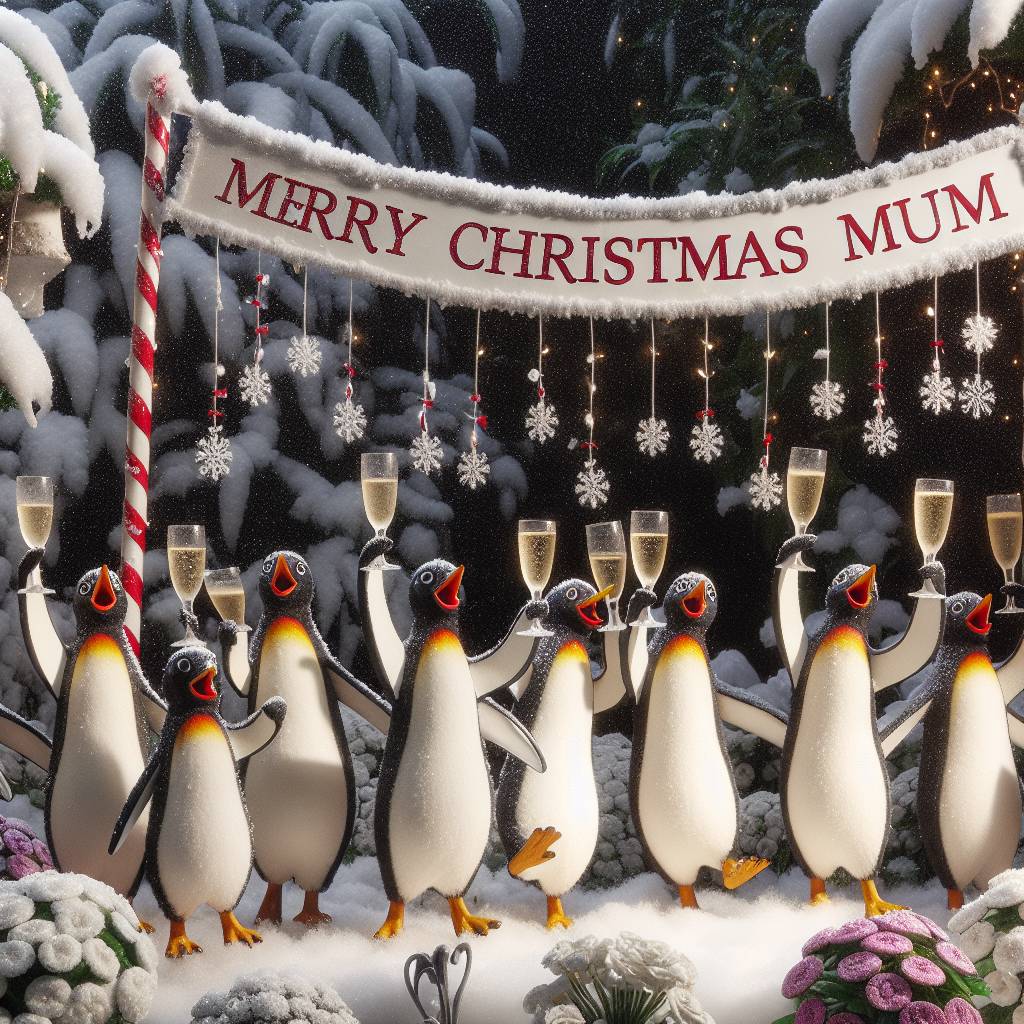 4) Christmas AI Generated Card - Penguins, Flowers, Champagne, and Dancing (0880e)