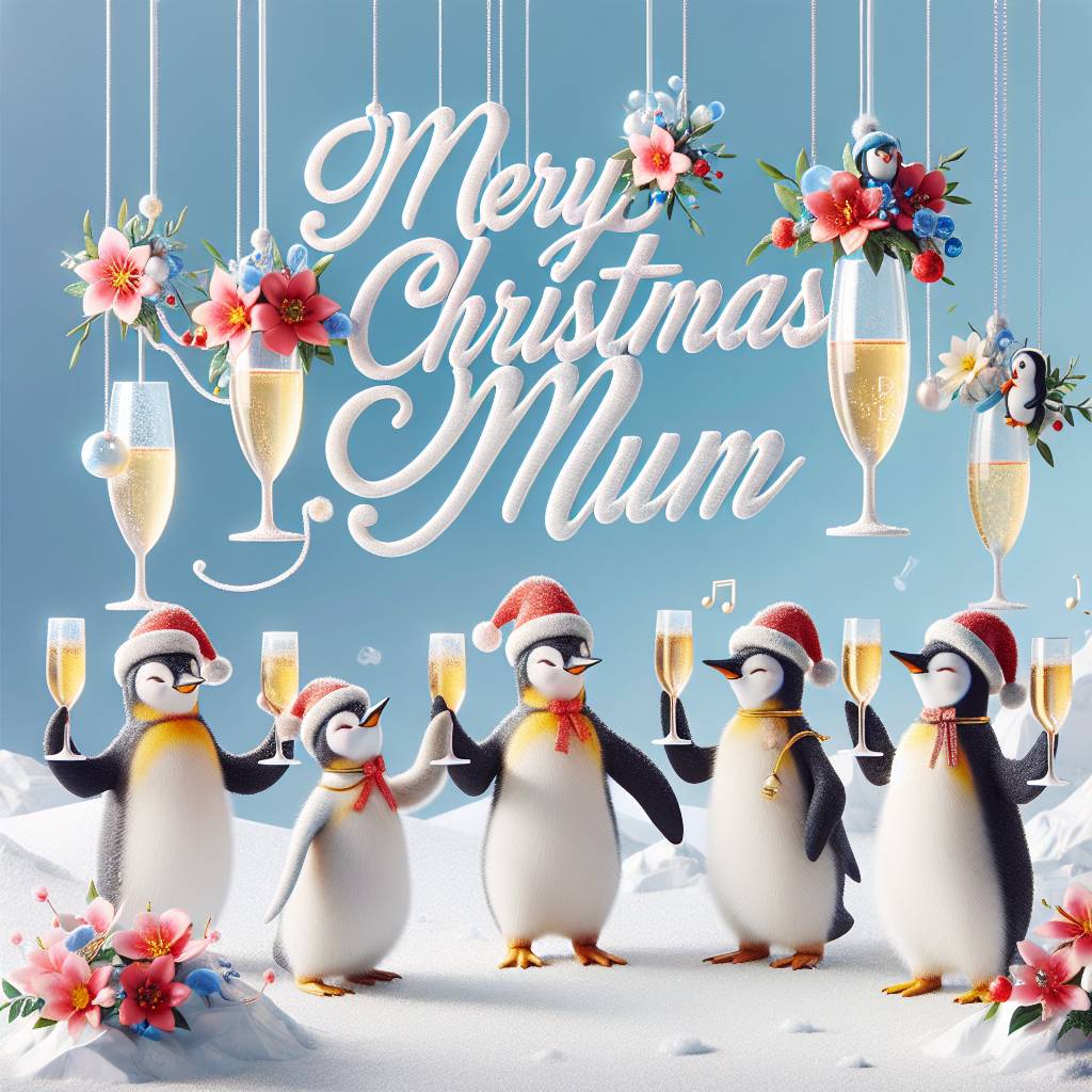 1) Christmas AI Generated Card - Penguins, Flowers, Champagne, and Dancing (18d24)