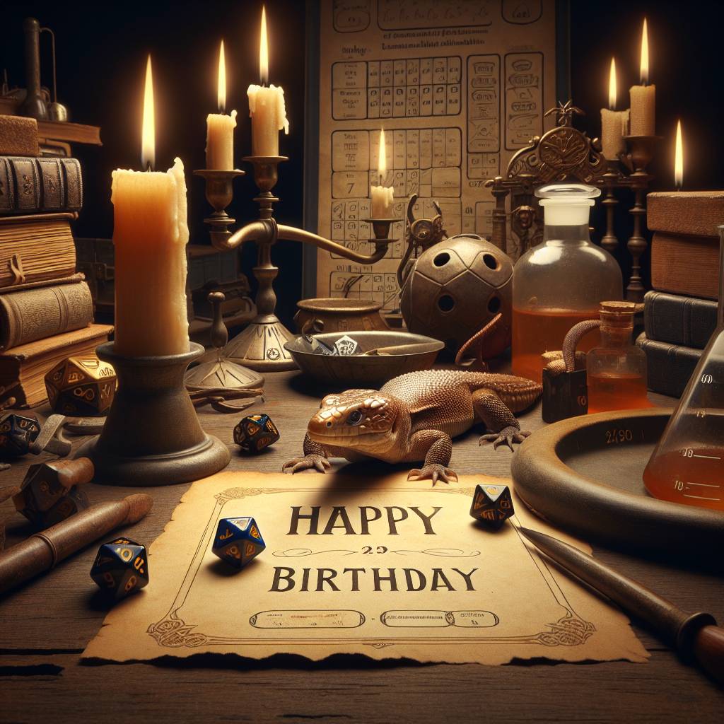 2) Birthday AI Generated Card - Blue tounged skink, science lab , dungeons and dragons (309d5)