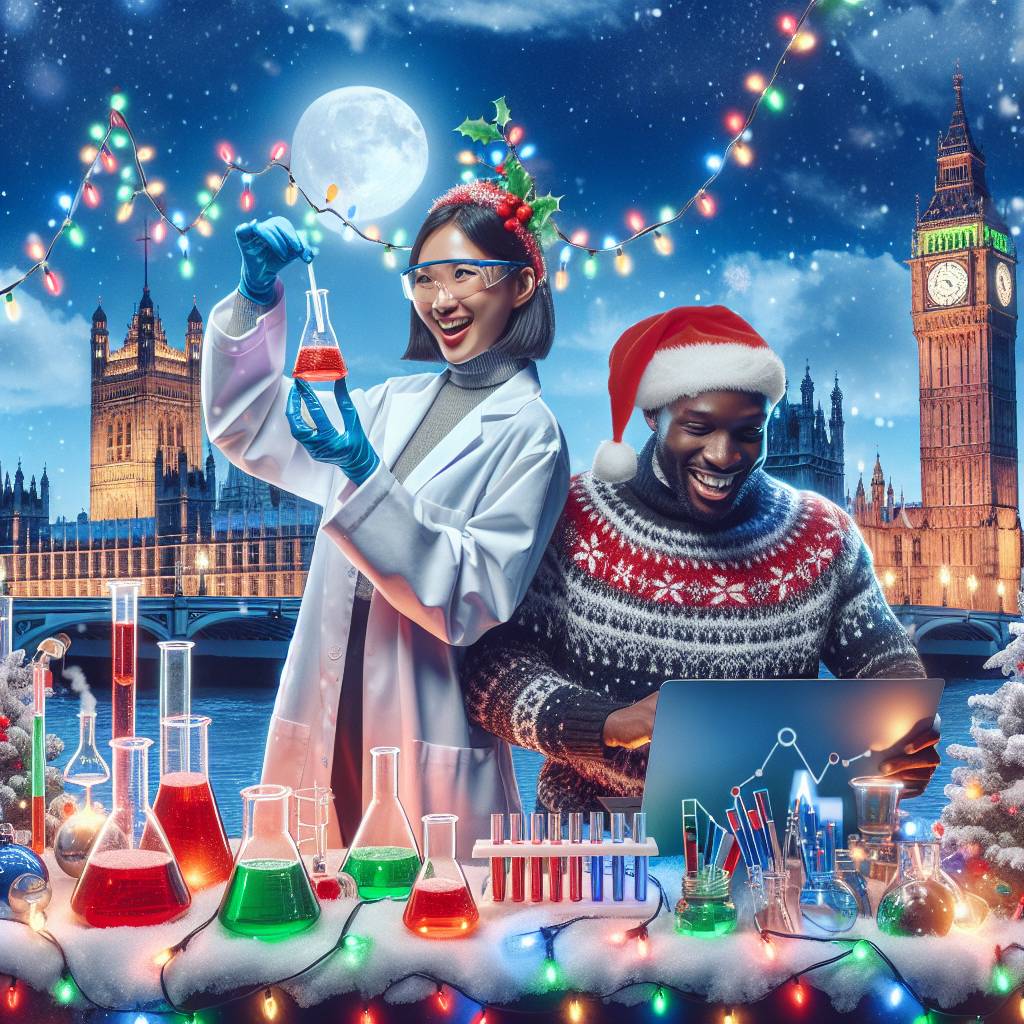 1) Christmas AI Generated Card - Female scientist, Male forex trader, and London (233ef)