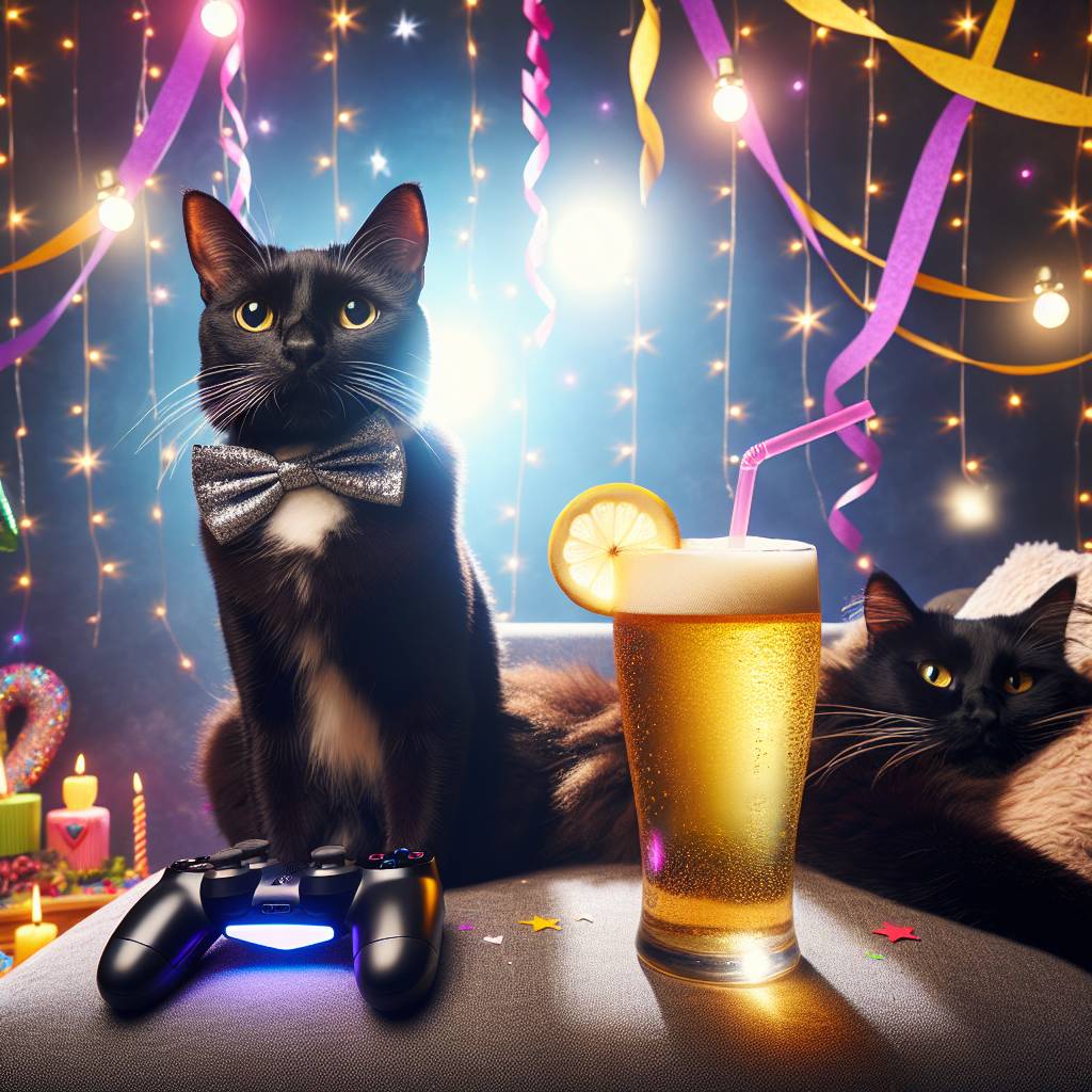 2) Birthday AI Generated Card - Beer, Playstation , Tuxedo cat, and Long haired black cat (6677b)