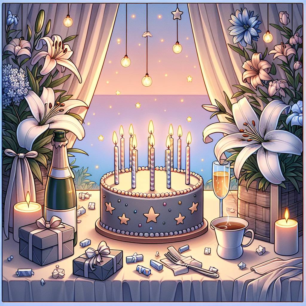 2) Birthday AI Generated Card - Birthday, Cake, Stars, Flowers , Lily, Cool, Presents , Champage, and Tea (ad987)