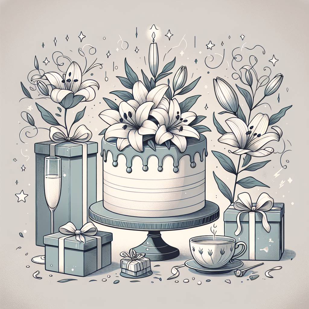 1) Birthday AI Generated Card - Birthday, Cake, Stars, Flowers , Lily, Cool, Presents , Champage, and Tea (6119d)