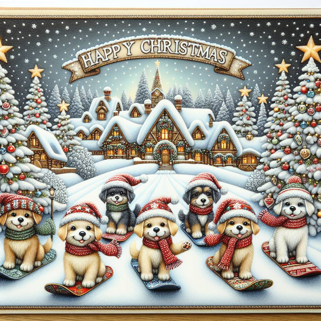 1) Christmas AI Generated Card - Dogs , Snowboarding , Winter village , and Christmas trees  (d47f2)