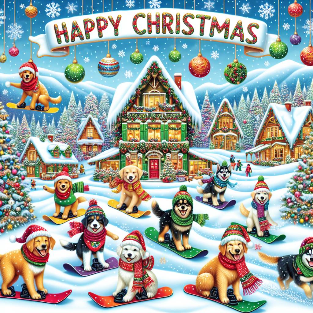 2) Christmas AI Generated Card - Dogs , Snowboarding , Winter village , and Christmas trees  (282bd)