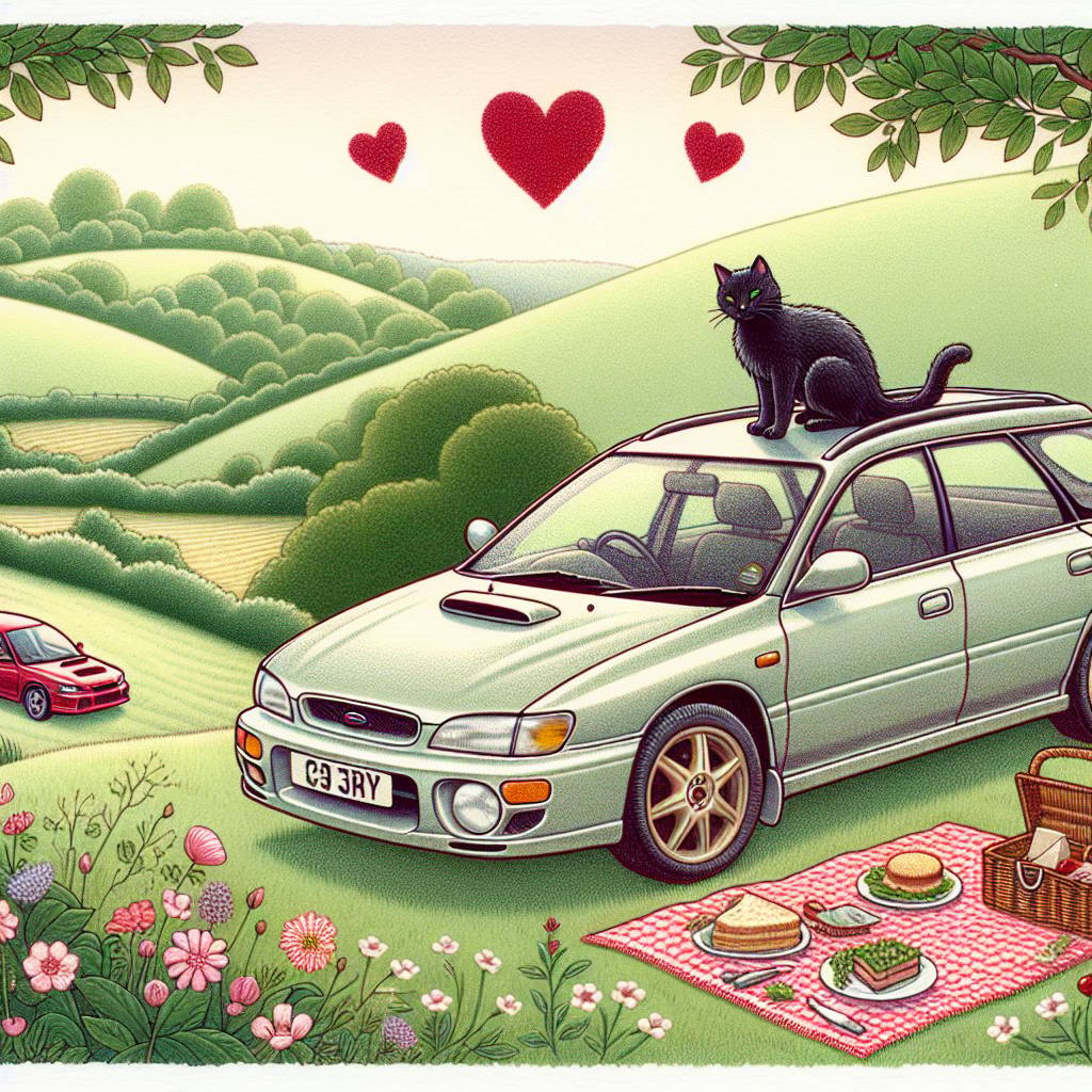 1) Valentines-day AI Generated Card - Light silver subaru impreza estate , English countryside, Black cat, and Picnic (d34a2)