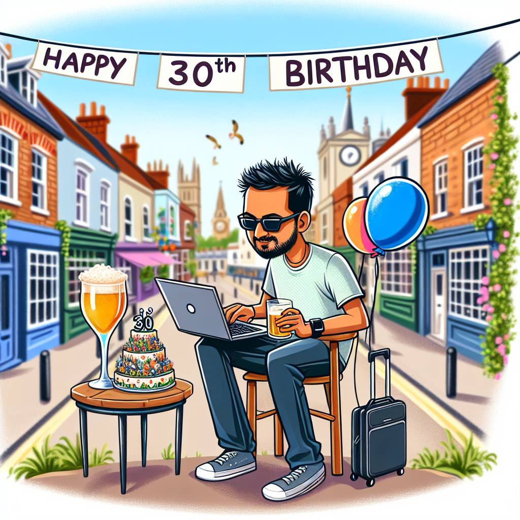 1) Birthday AI Generated Card - short haired Indian man, 30th birthday, lives in Hammersmith, likes coding, drinking beer from very small glass (3f172)